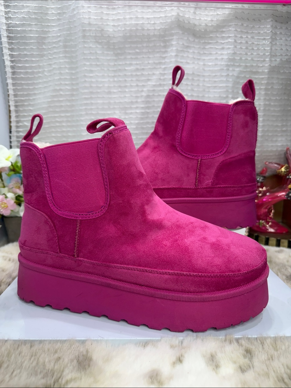 (Z2)Women’s Suede Platform Ankle Boots - Hot Pink,Sz 10